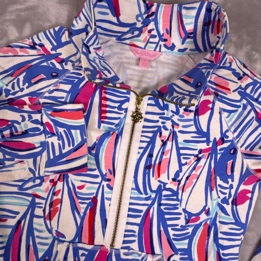 Lilly Pulitzer Skipper Popover Sink or Swim Sailboat Quarter Zip Sweatshirt S